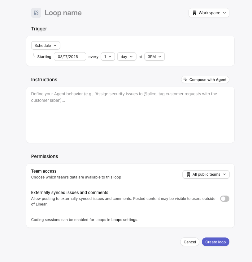Linear Loops configuration for scheduled agent workflows